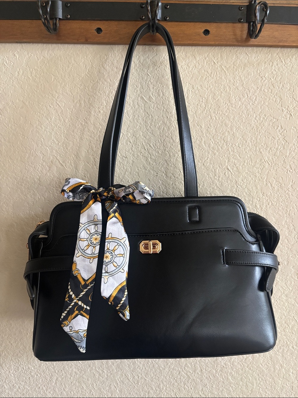 Black Leather Tote Handbag with Twilly Scarf